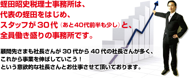 税理士法人経営支援（旧 蛭田昭史税理士事務所）は、代表の蛭田をはじめ、スタッフが30代（あと40代前半も少し）と、全員働き盛りの事務所です。顧問先さまも社長さんが30代から40代の社長さんが多く、これから事業を伸ばしていこう！という意欲的な社長さんとお仕事させて頂いております。